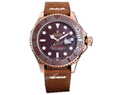 Replica Rolex Yachtmaster Rose Gold Case Leather Strap Watch 40MM